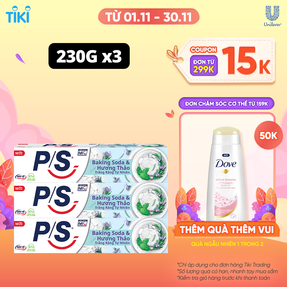 Bộ 3 Hộp Kem Đánh Răng P/S Thiên Nhiên Baking Soda - Hương Thảo Trắng Răng Tự Nhiên 230G