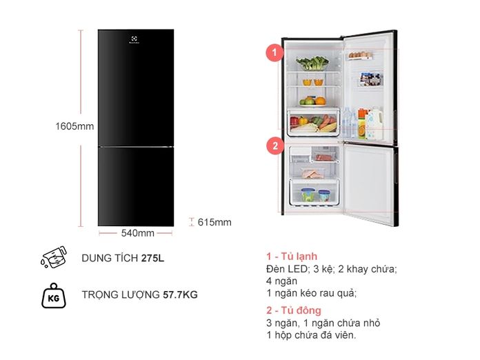 Tủ lạnh Electrolux Inverter 250 lít EBB2802H-H