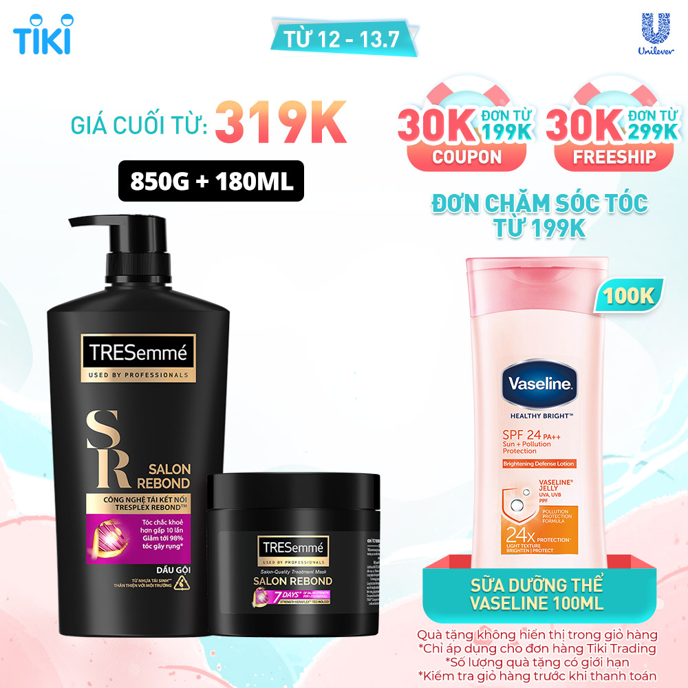 Combo Dầu Gội 850g &amp; Kem Ủ 180ml Tresemme Salon Rebond Giúp Chắc Khỏe &amp; Ngăn Gãy Rụng Tóc