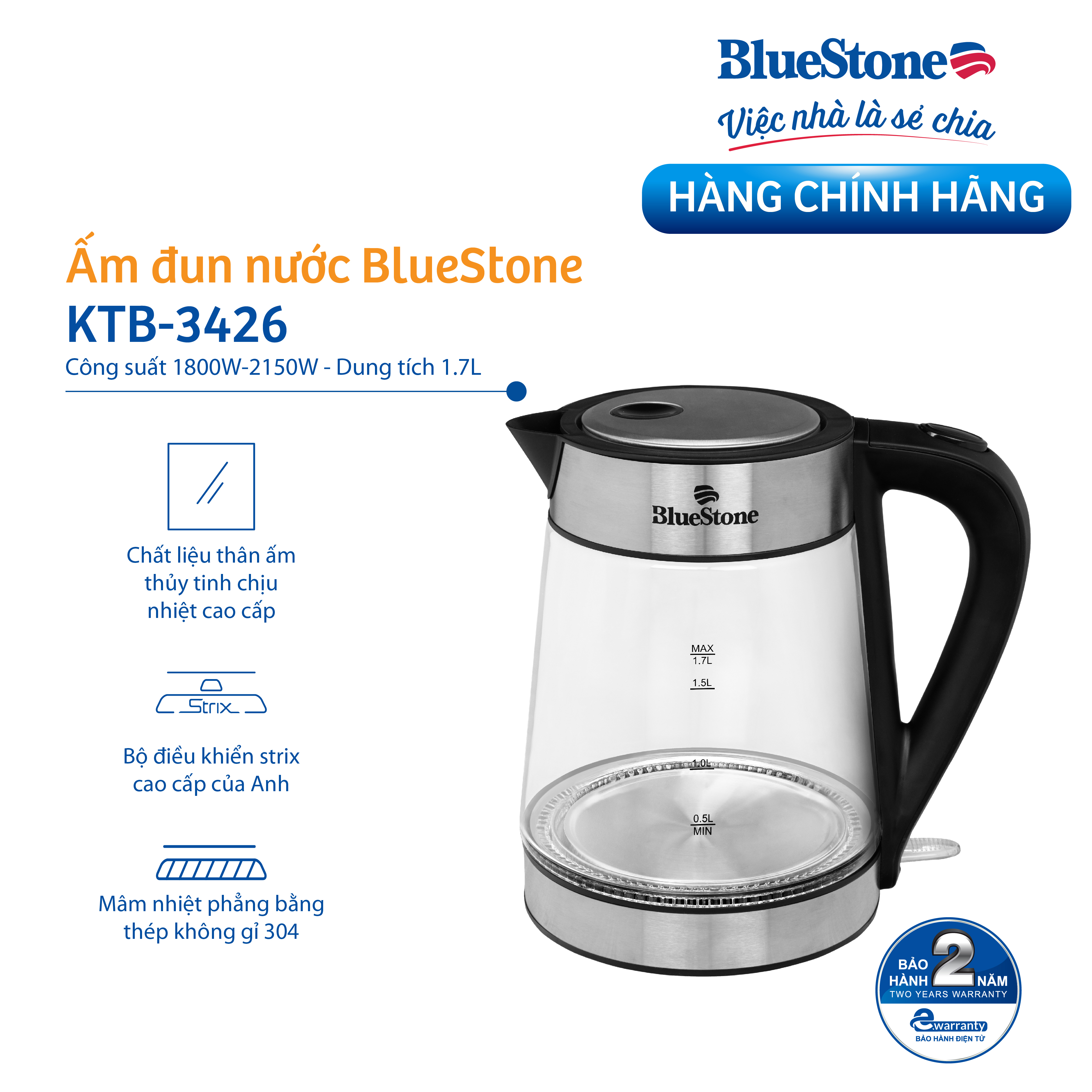 Ấm Đun Nước Thủy Tinh Bluestone KTB-3426 (1.7 Lít) - Hàng Chính Hãng