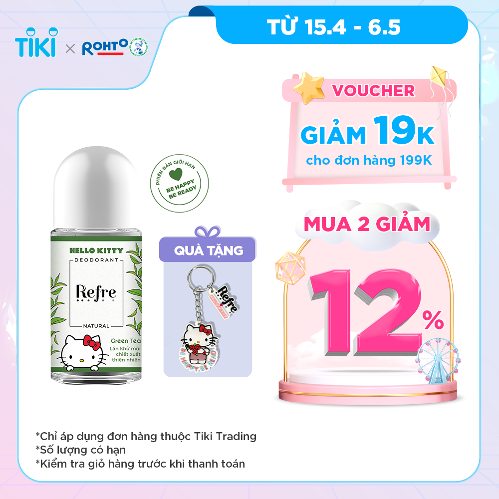 Lăn khử mùi Refre Natural Green Tea Hương Trà Xanh 40ml (Phiên bản Hello Kitty giới hạn) + Tặng móc khóa Hello Kitty xinh xắn