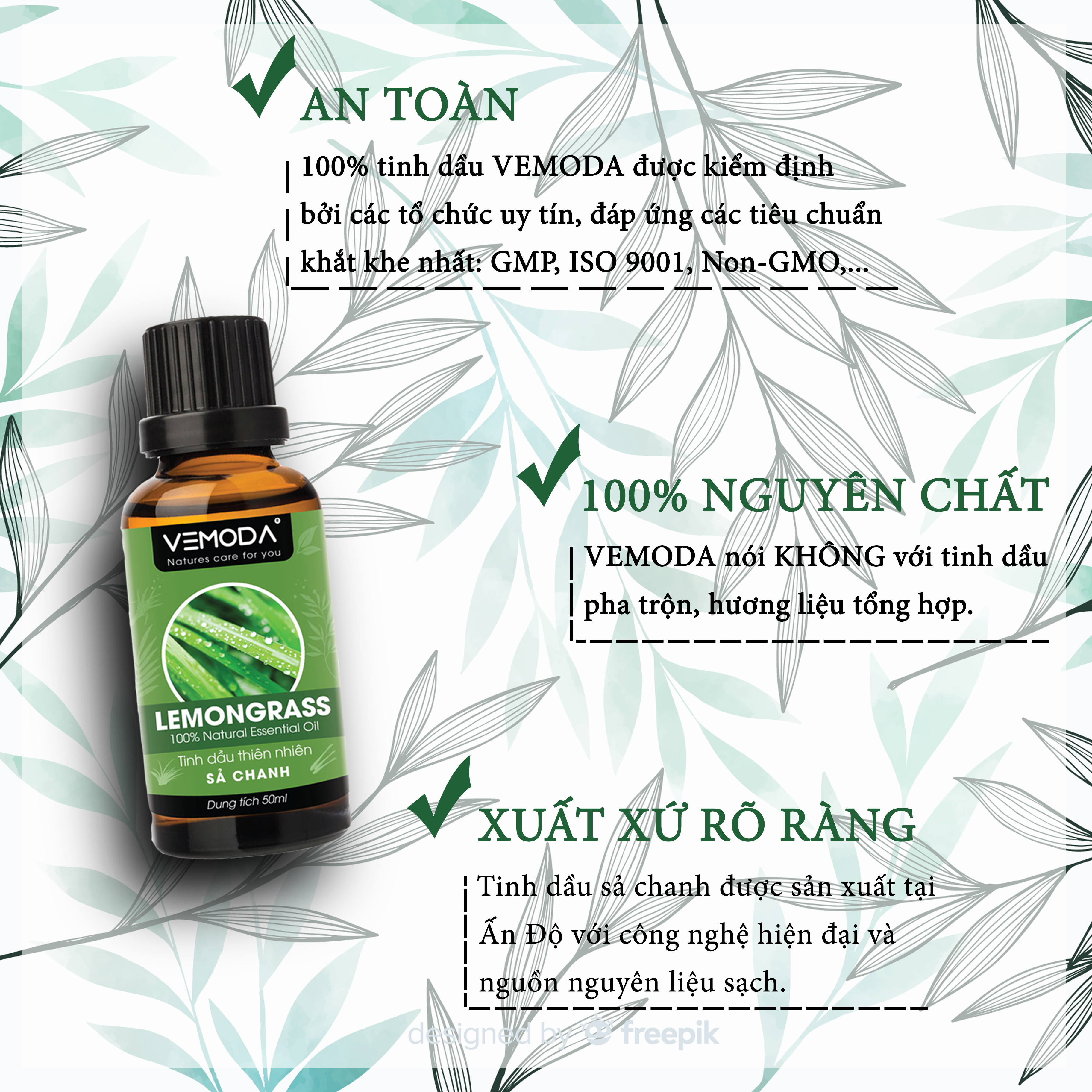 Tinh dầu Sả chanh cao cấp 50ML Lemongrass. Tinh dầu xông phòng Vemoda giúp thanh lọc không khí, khử mùi, kháng khuẩn, đuổi muỗi, giải cảm, làm đẹp. Tinh dầu thiên nhiên sả chanh