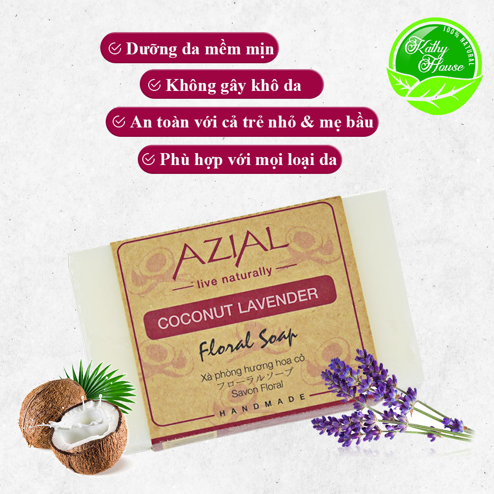 Xà phòng tắm sữa dừa AZIAL Coconut Lavender Floral Soap 100g, xà bông cục handmade dưỡng da mềm mịn, hương thơm nhẹ nhàng, phù hợp mọi loại da