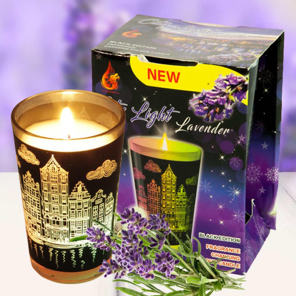 Ly nến thơm tinh dầu đổi màu Golden Dragon City Light Lavender 140g QT028406 - hoa oải hương