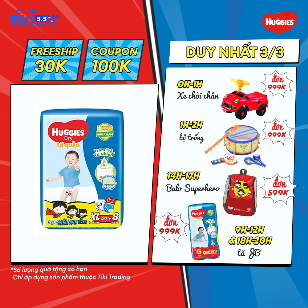 Tã Quần Huggies Dry Tràm Trà Tự Nhiên Gói Cực Đại + Tặng 8 miếng - Phiên bản Siêu Anh Hùng