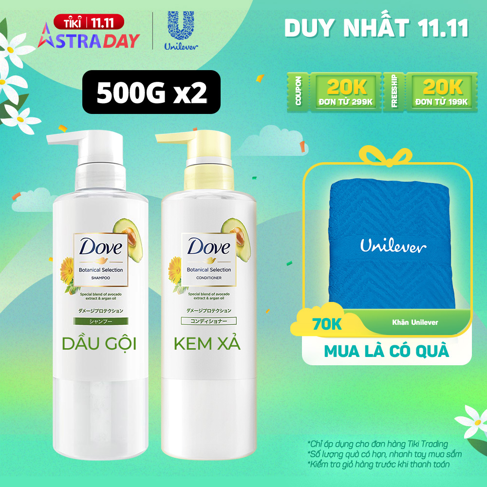 Combo Kem xả và Dầu gội DOVE Phục hồi hư tổn Chiết xuất Bơ &amp; dầu Argan Giúp nuôi dưỡng &amp; ngăn ngừa gãy rụng 500g