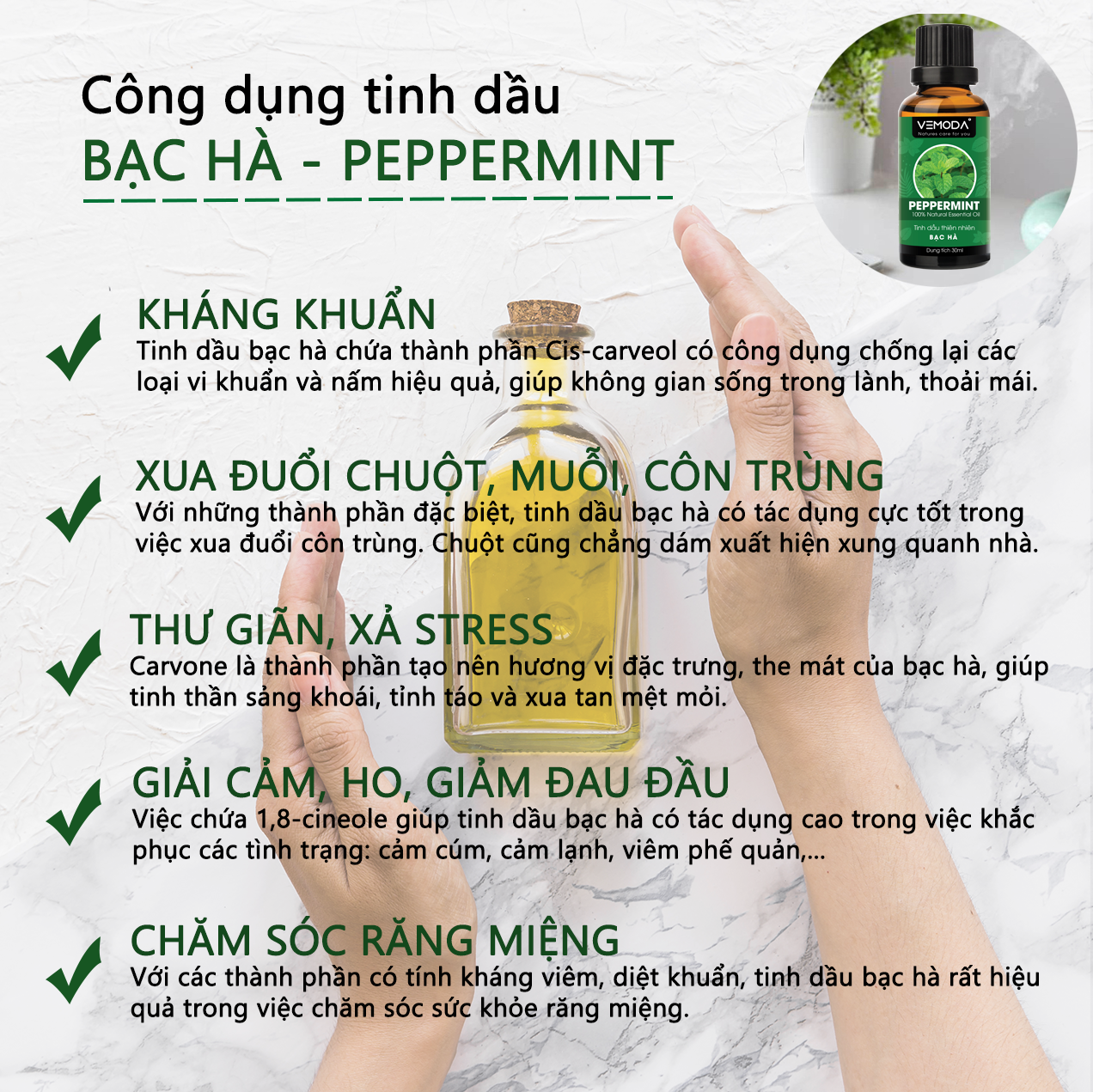 Tinh dầu Bạc hà cao cấp. Peppermint Essential Oil 30ML. Tinh dầu xông phòng giúp thư giãn, kháng khuẩn, giải cảm, xua đuổi côn trùng, chăm sóc răng miệng. Tinh dầu thơm phòng cao cấp Vemoda