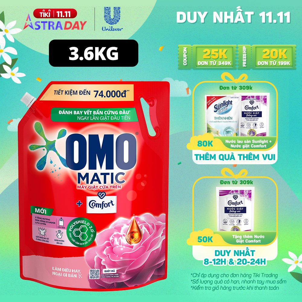 Túi Nước giặt OMO Matic Comfort Hương Hoa Hồng Ecuador cho máy giặt cửa trên 3.6kg