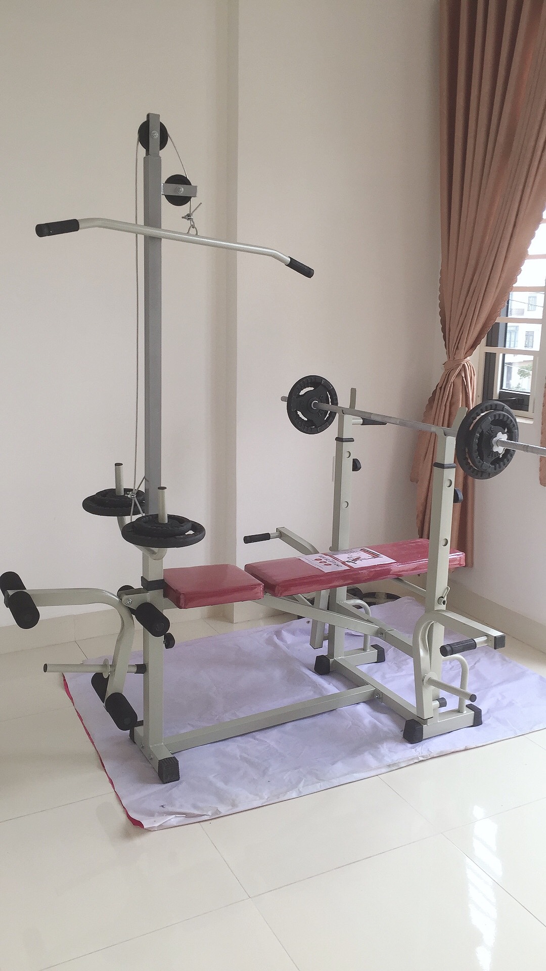 Giàn tạ đa năng 2014 kèm 54kg tạ gang , đòn tạ 1m5, 1 găng tay tập tạ