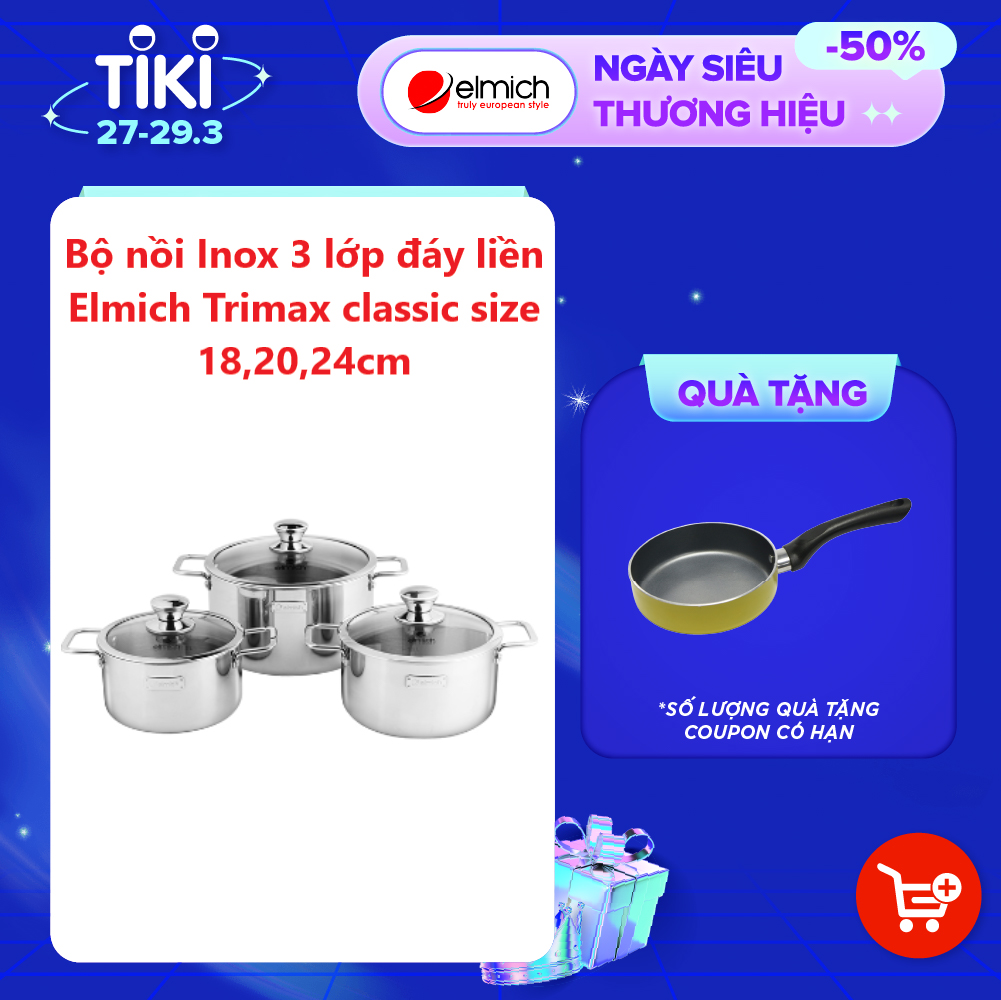 Bộ Nồi Inox 3 Lớp Đáy Liền Elmich Trimax Classic 2106OL Size 18,20,24cm