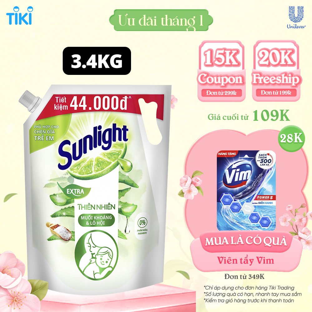 Nước Rửa Chén Bát Sunlight Thiên Nhiên Muối Khoáng &amp; Lô Hội - Túi 3.4KG