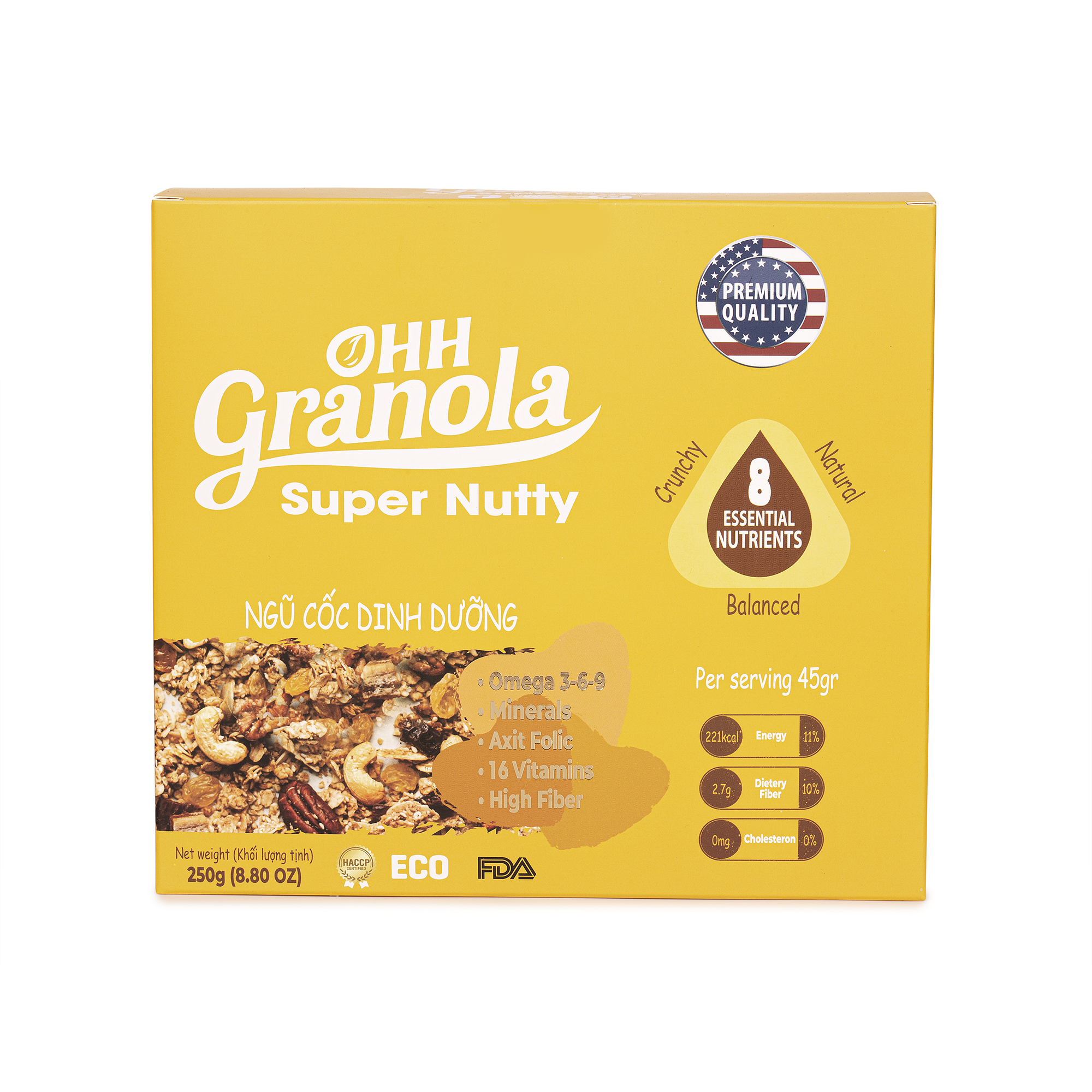 Snack Ăn Liền - Ngũ Cốc  Hạt Siêu Dinh Dưỡng Dòng Super Nutty (Ohh Granola) 250g, Phối Trộn 7 Loại Hạt Cao Cấp Theo Tiêu Chuẩn FDA - Hoa Kỳ