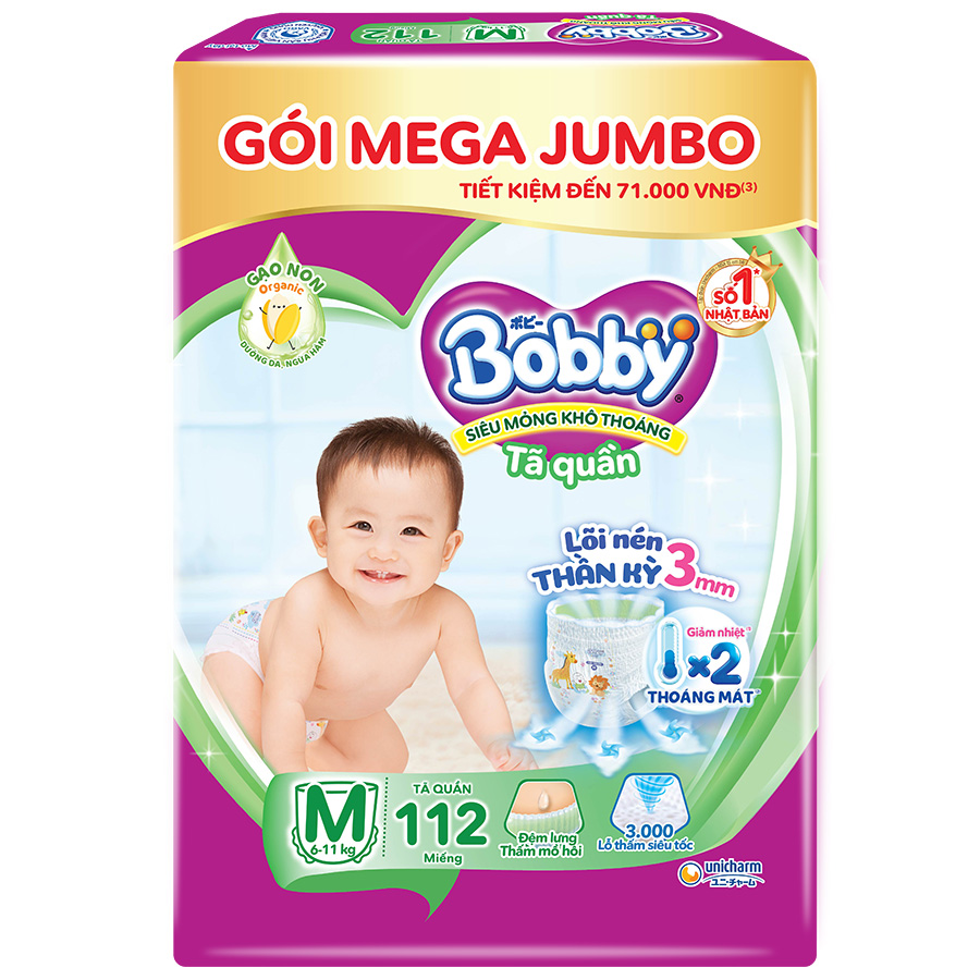 Tã/bỉm quần Bobby Lõi nén thần kỳ 3mm Mega Jumbo Gạo Non M112/L96/XL84/XXL76