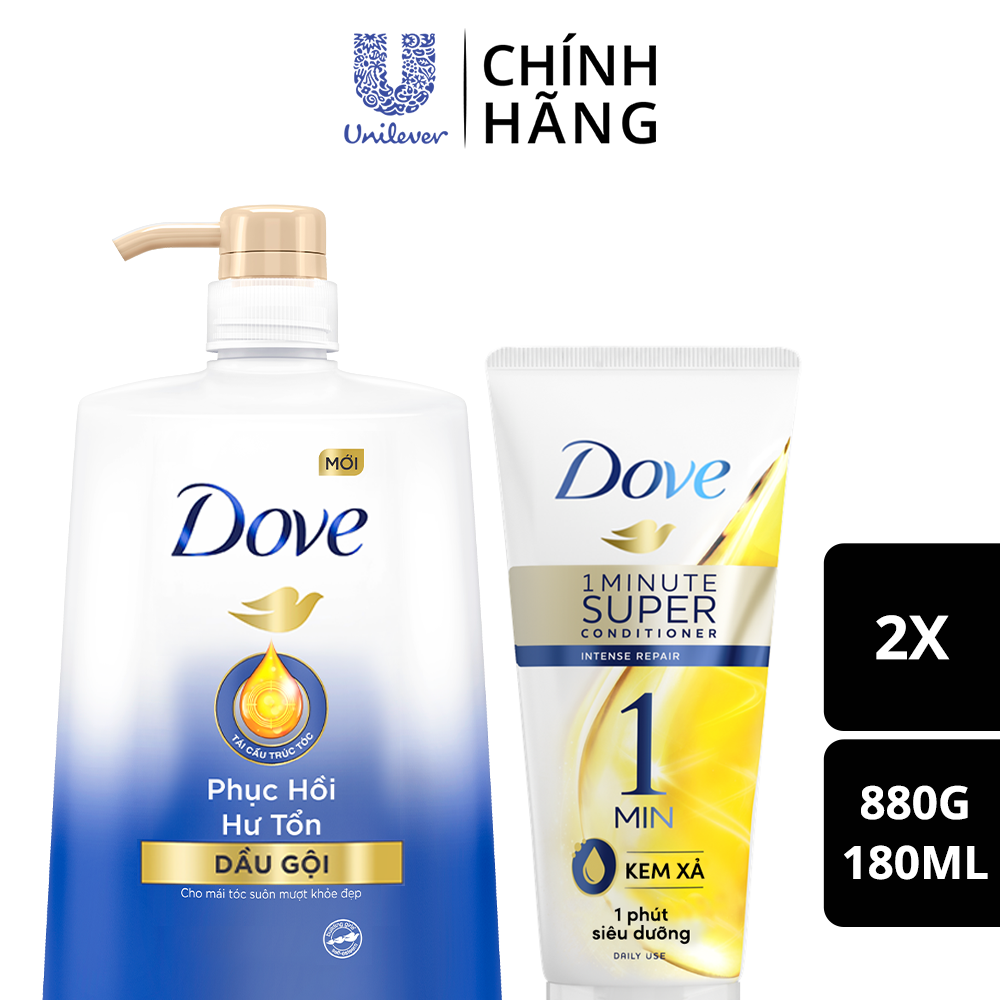 Combo Dầu gội và Kem xả DOVE Dưỡng ẩm dưỡng tóc khỏe đẹp 880g, 180ml