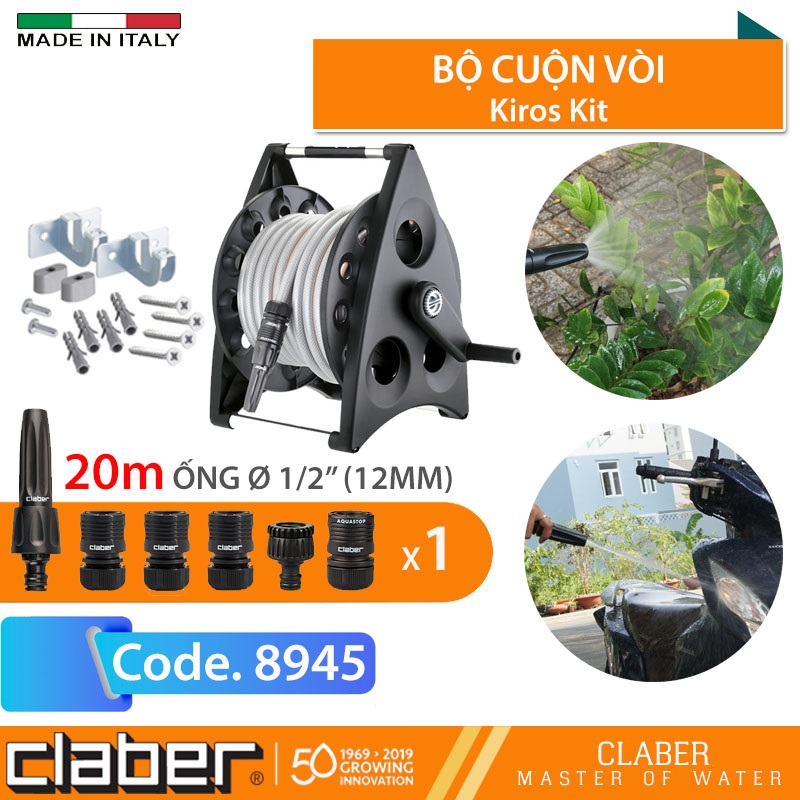 Bộ Cuộn Ống Tưới Cây Claber Kiros Kit 8945 loại 20 mét, vòi tưới 2 chế độ, 4 khớp nối nhanh, 1 khớp nối vòi