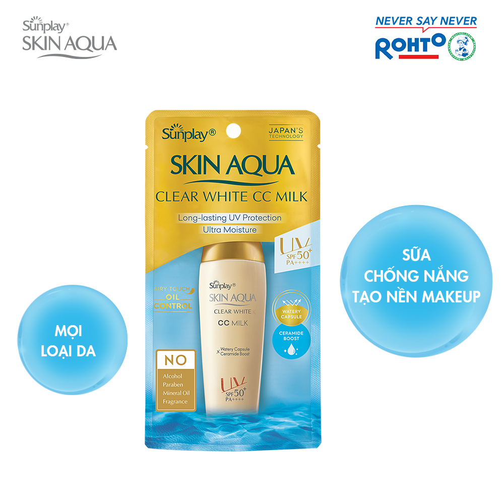 Kem chống nắng Skin Aqua trang điểm tạo nền trắng mịn & đều màu dạng sữa Sunplay Skin Clear White CC Milk SPF 50, PA++++ 25g