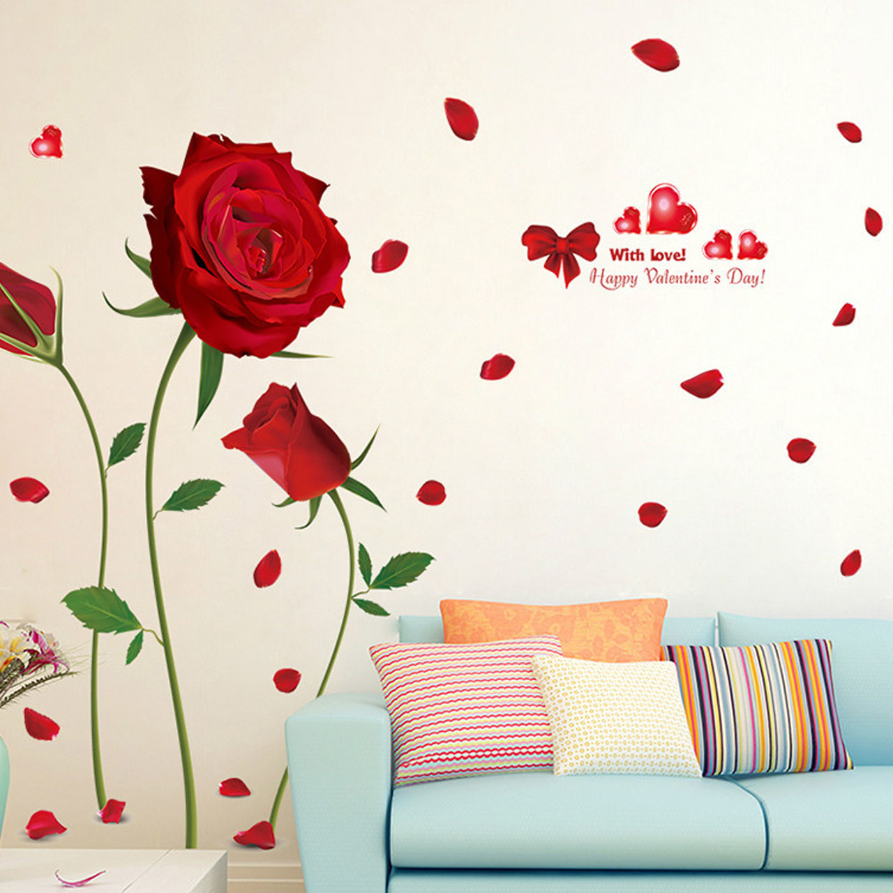 Decal dán tường trang trí phòng khách, phòng cưới-Hoa hồng đỏ 3 bông-mã sp XL8178