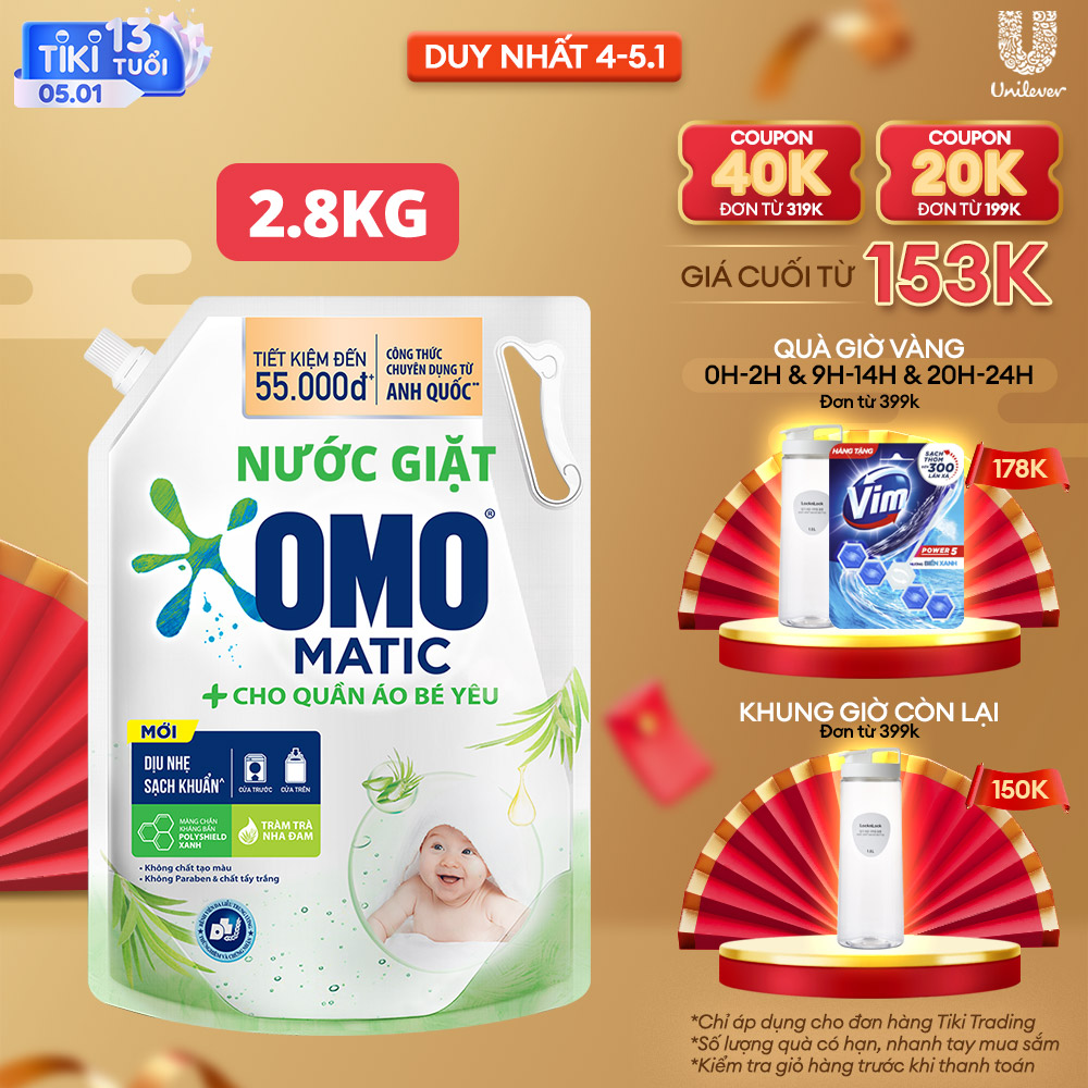 TúI Nước Giặt Omo Matic Cho Quần Áo Bé Yêu Chiết Xuất Tràm Trà Và Nha Đam Dịu Nhẹ, Sạch Khuẩn 2.8Kg