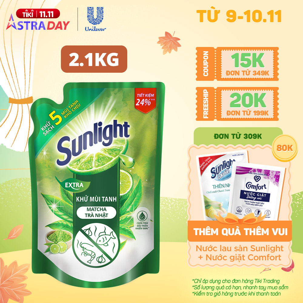 Nước Rửa Chén Sunlight Khử mùi tanh Matcha Trà Nhật túi 2.1kg