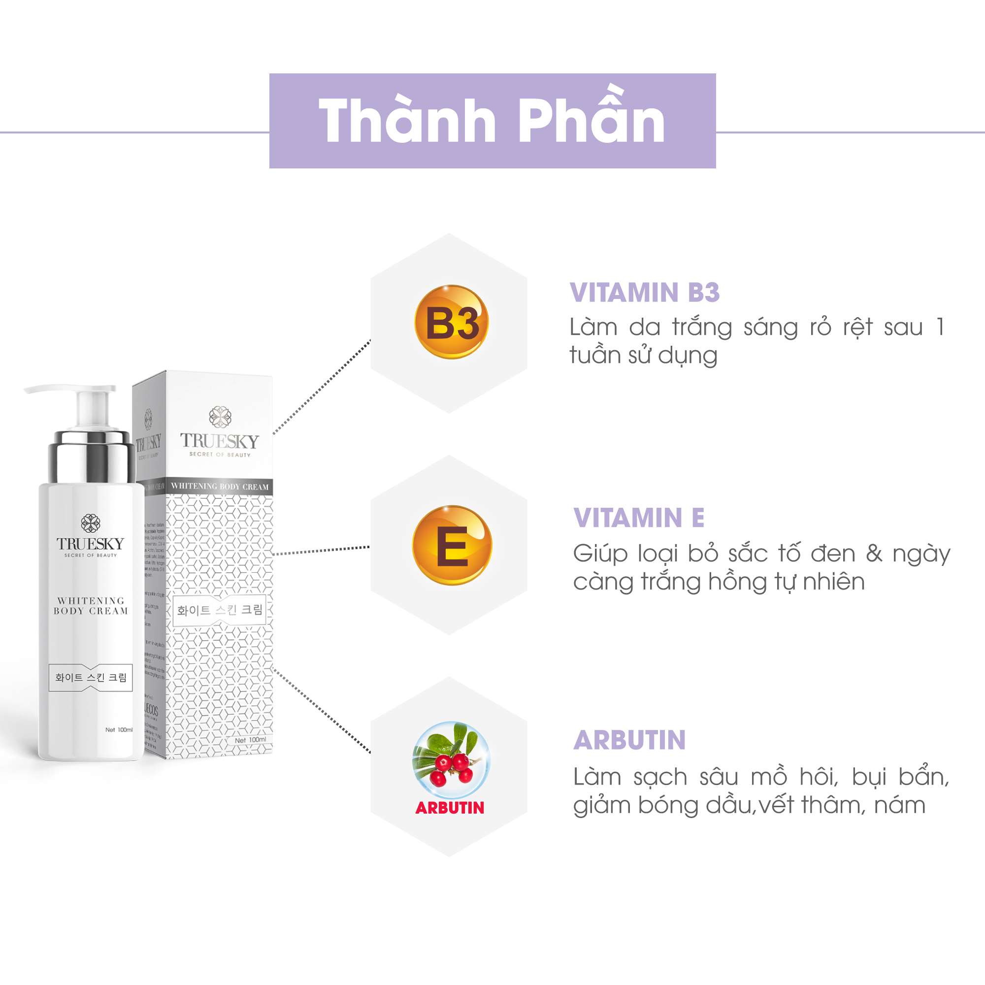 Kem ủ trắng toàn thân Truesky Whitening Body Cream chiết xuất rễ cây cam thảo 100g