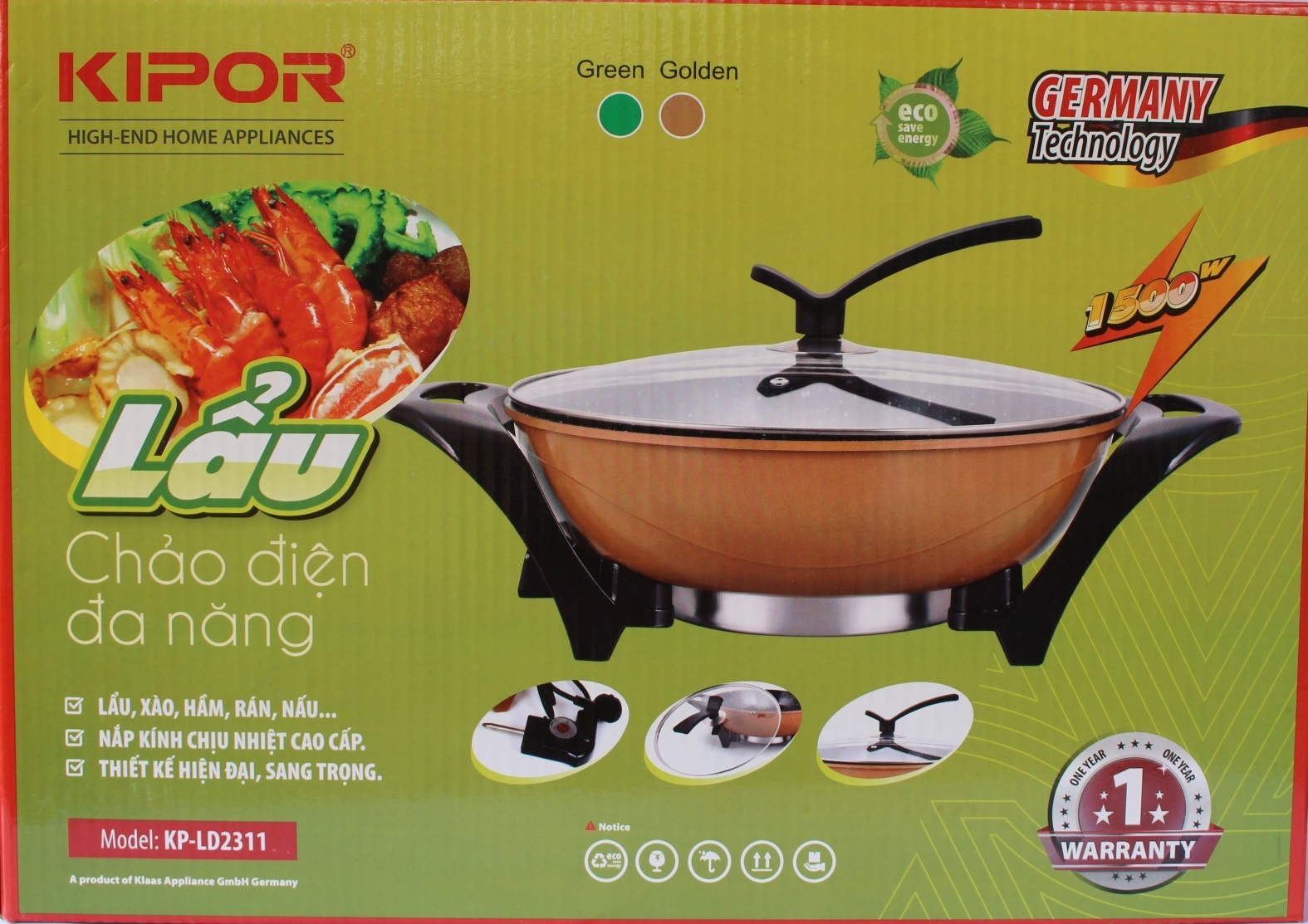 Chảo Lẩu Điện Đa Năng Kipor KP-LD2311 (30 cm) - Màu Ngẫu Nhiên - Chính Hãng