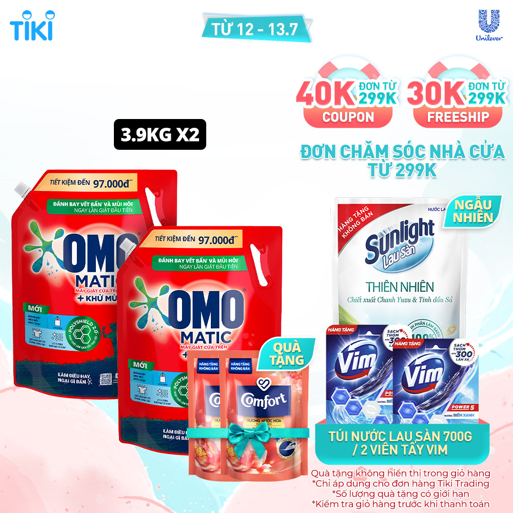 Combo 2 túi nước giặt OMO Matic cho máy giặt cửa trên giúp quần áo sạch bẩn khử mùi toàn diện, túi 3.9kg + 2 Nước Xả Comfort 120ml Ngẫu Nhiên