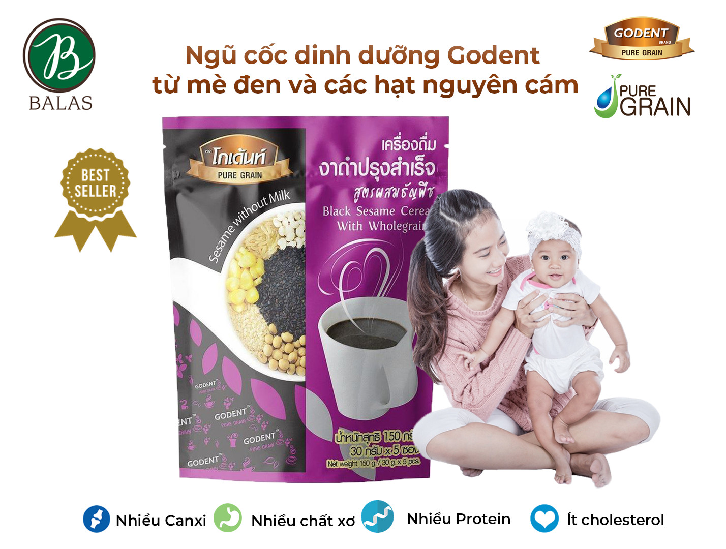 Ngũ cốc dinh dưỡng Godent từ mè đen và các loại hạt nguyên cám