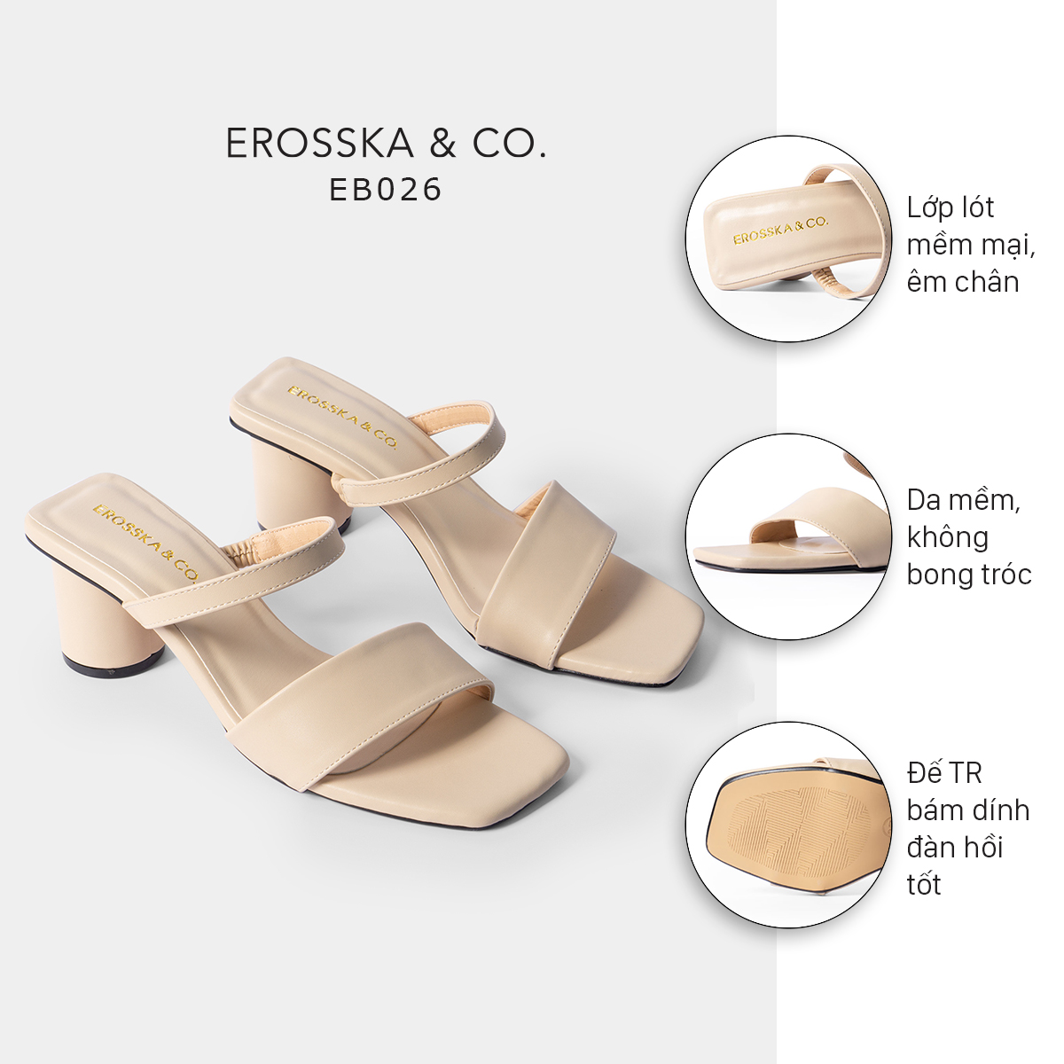 Dép cao gót Erosska thời trang mũi vuông dây bảng phối gót tròn kiểu dáng basic dễ phối đồ cao 5m EB026
