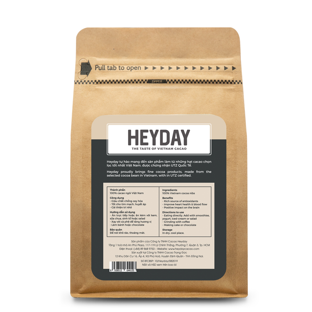 Cacao ngòi - Nhân hạt cacao rang túi 250g - Ăn trực tiếp hay làm bánh, chocolate - Heyday Cacao