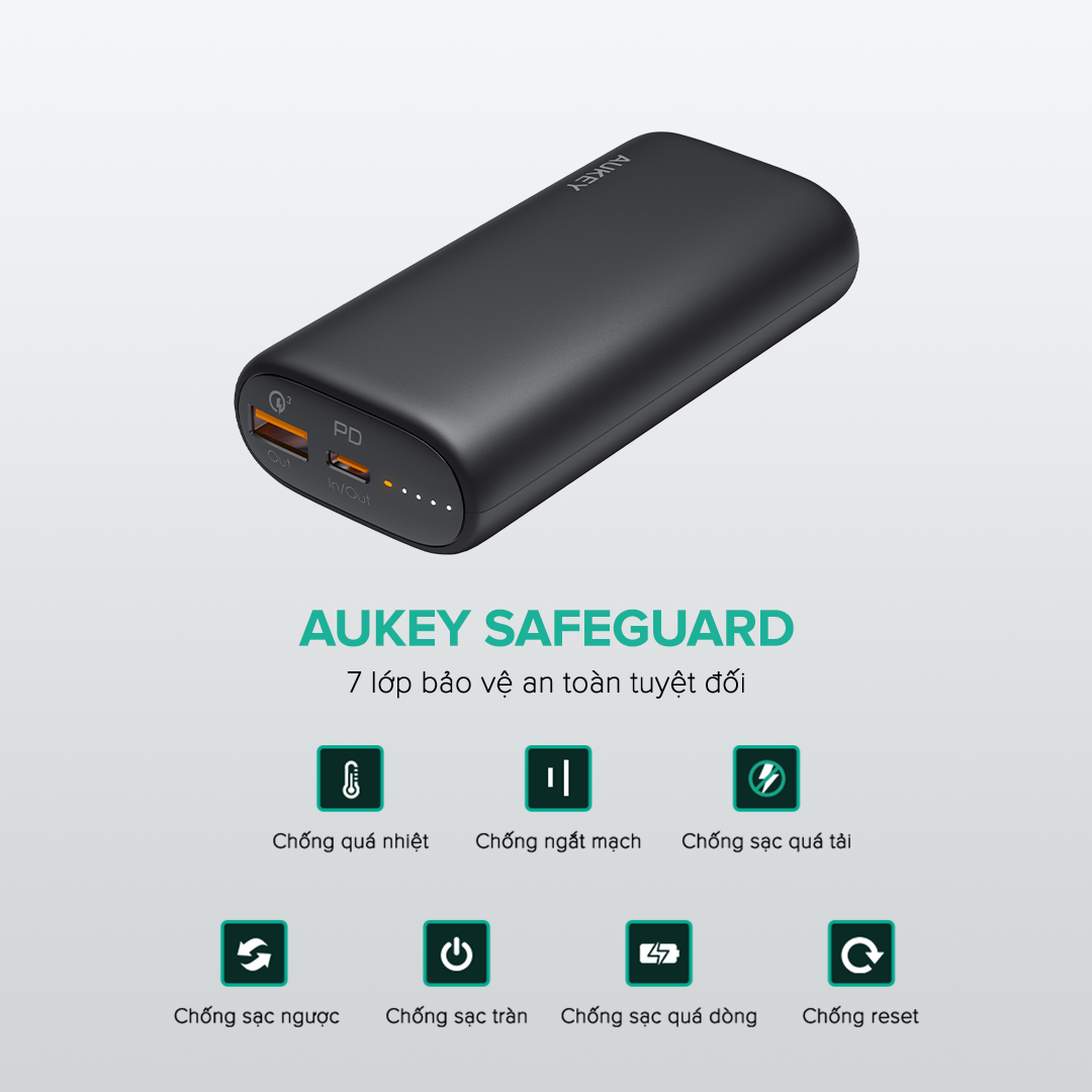 Pin Sạc Aukey PB-Y36 10.000 mAh Lõi Pin Tesla, Sạc Nhanh QC 3.0 Và PD 18W, Tích Hợp Đèn Báo Sạc Nhanh - Hàng Chính Hãng