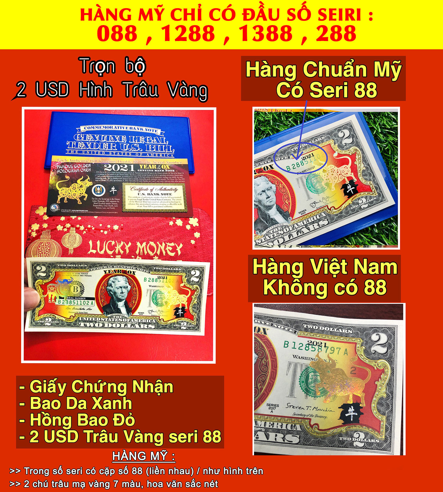 [CHUẨN MỸ] Tiền 2 USD Hình Con Trâu Mạ Vàng 2021 - chuẩn đồ Mỹ - số seri có cặp 88