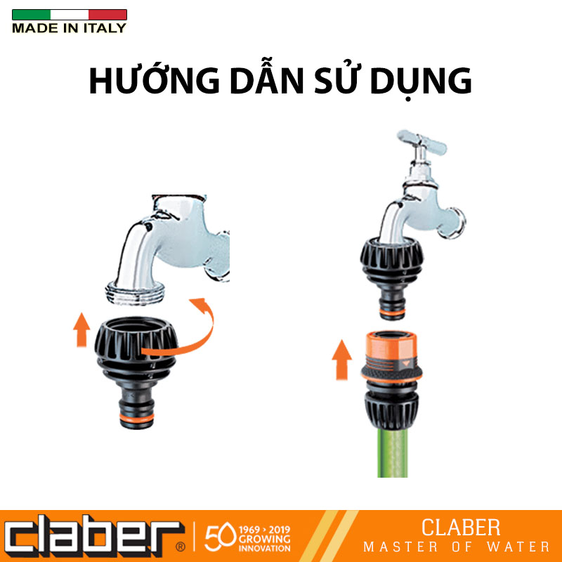 Đầu Nối Vòi Nước Claber 8556, ren trong 21mm, 24mm, nhựa ABS, có sẵn ron cao su