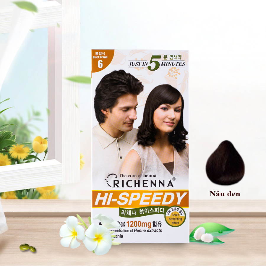 Thuốc nhuộm tóc phủ bạc thảo dược Richenna Hi-Speedy Color Hàn Quốc màu nâu đen 60g