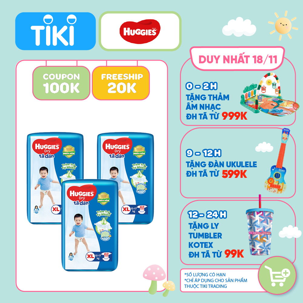 Combo 3 Tã dán HUGGIES DRY SUPER JUMBO Tràm Trà