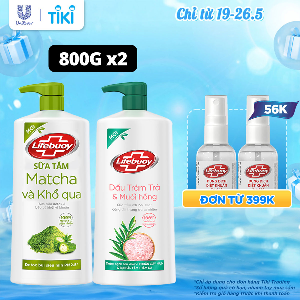 Combo 850g (chai) x2 Sữa tắm Lifebuoy Detox và Bảo vệ khỏi vi khuẩn : Matcha &amp; Khổ qua, Dầu Tràm trà &amp; Muối hồng