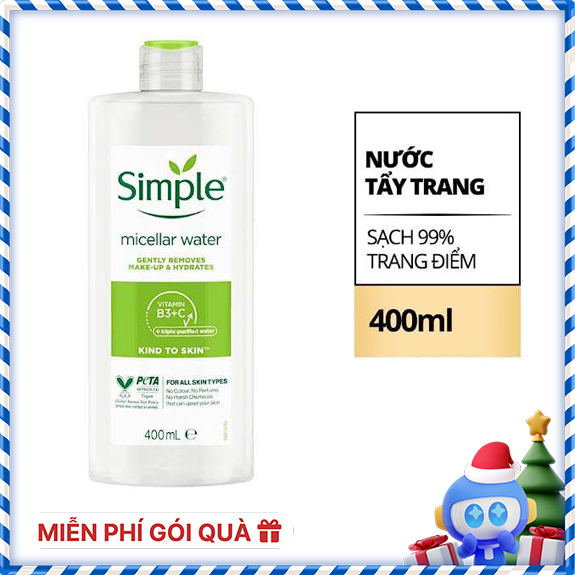 Nước tẩy trang Simple Micellar làm sạch trang điểm vượt trội - không chứa cồn gây khô rát 400ml [CHÍNH HÃNG ĐỘC QUYỀN]