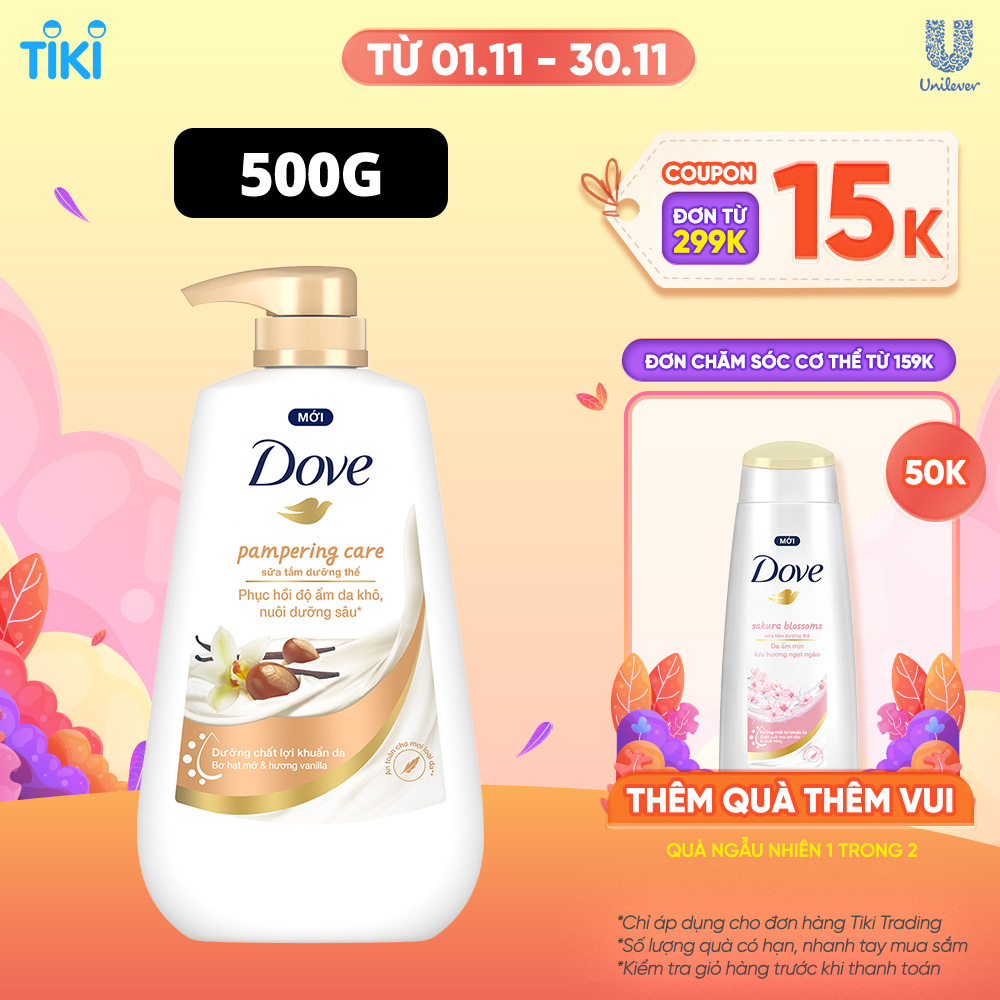 Sữa tắm dưỡng thể Dove Pampering Care phục hồi độ ẩm da khô với bơ hạt mỡ và hương hoa vanilla 500g