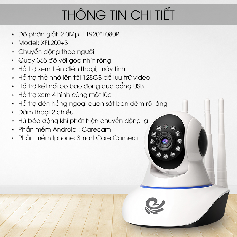 Camera IP Quan Sát CareCam 3 Râu Độ Phân Giải 2.0Mpx Xoay Theo Chuyển Động, Đàm Thoại 2 Chiều, Hú Báo Động, Xem Cùng Lúc 4 Camera - Chính Hãng