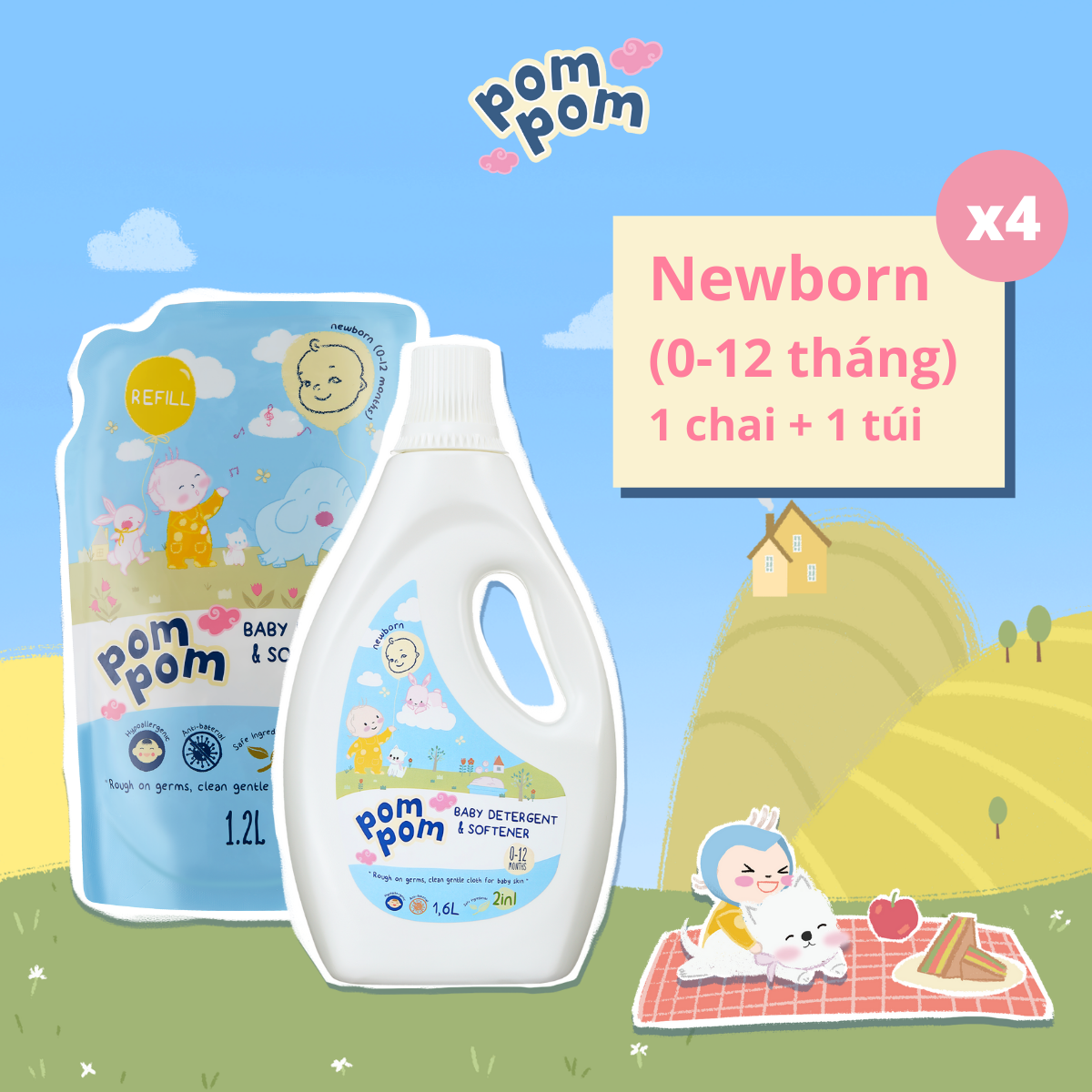 Combo 01 Túi 1.2L + 01 chai 1.6L Nước Giặt xả Pom Pom Newborn chuyên biệt dành cho bé sơ sinh (0 - 12 tháng)