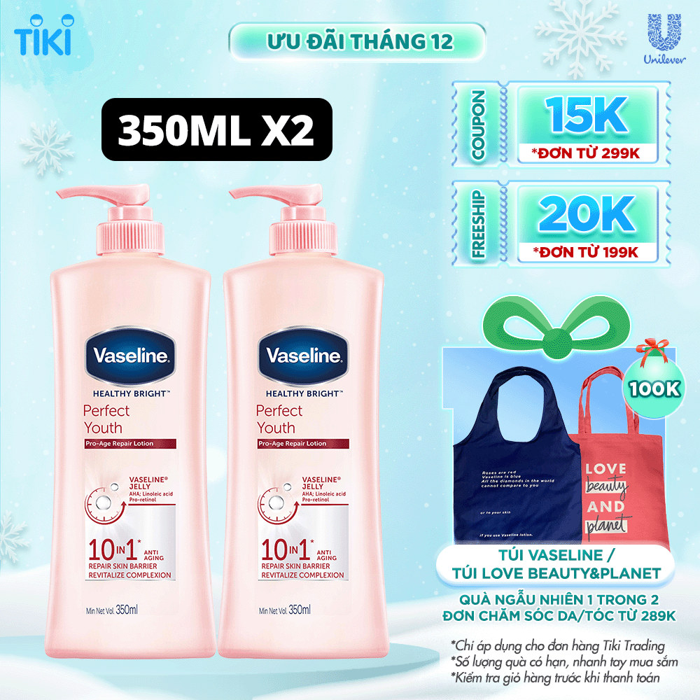 Combo 2 Sữa dưỡng thể với thành phần ngừa lão hóa dưỡng sáng VASELINE Healthy Bright Perfect Youth 350ML/chai