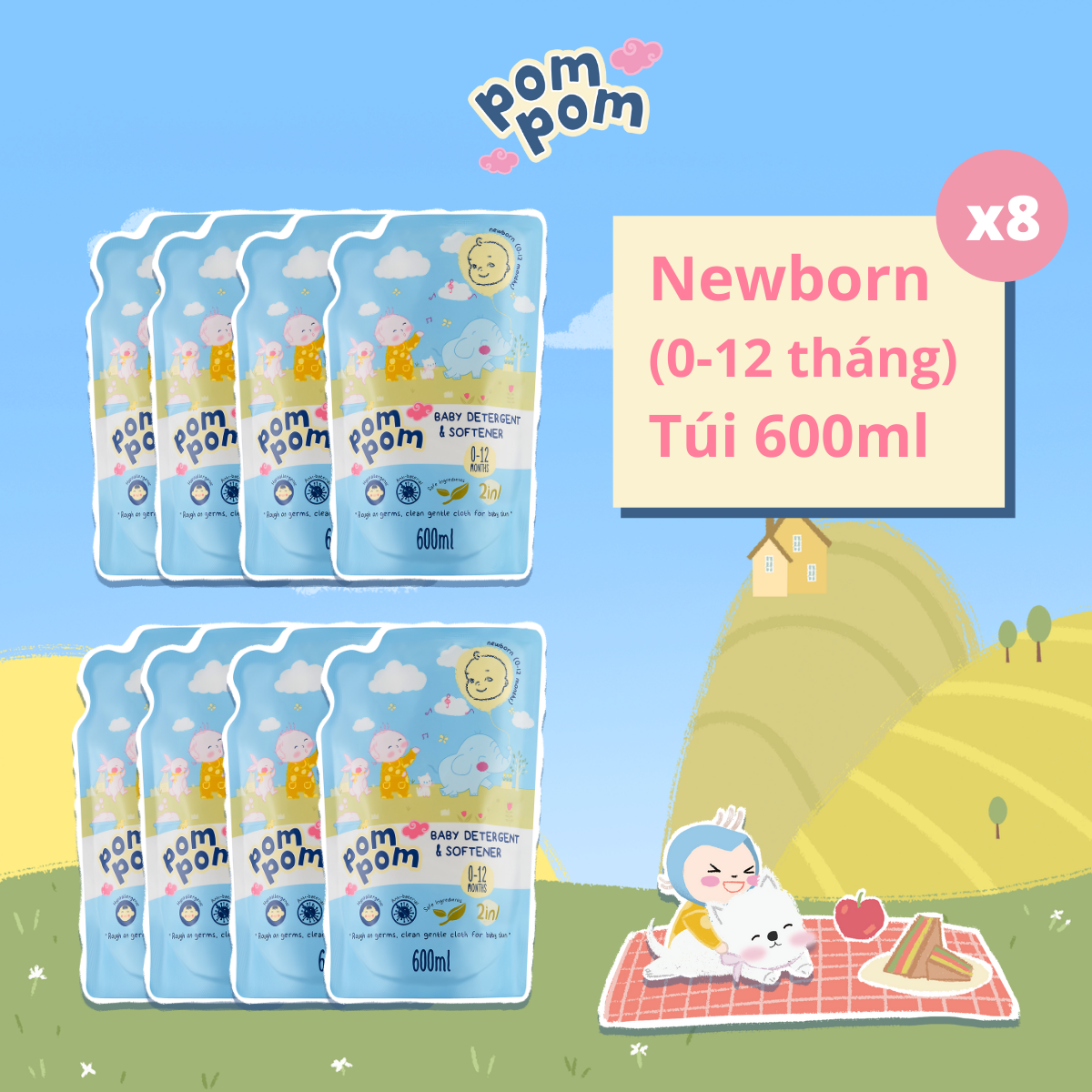 Thùng 8 Túi Nước Giặt Xả Pom Pom Newborn chuyên biệt dành cho bé sơ sinh 600ml (0 - 12 tháng)