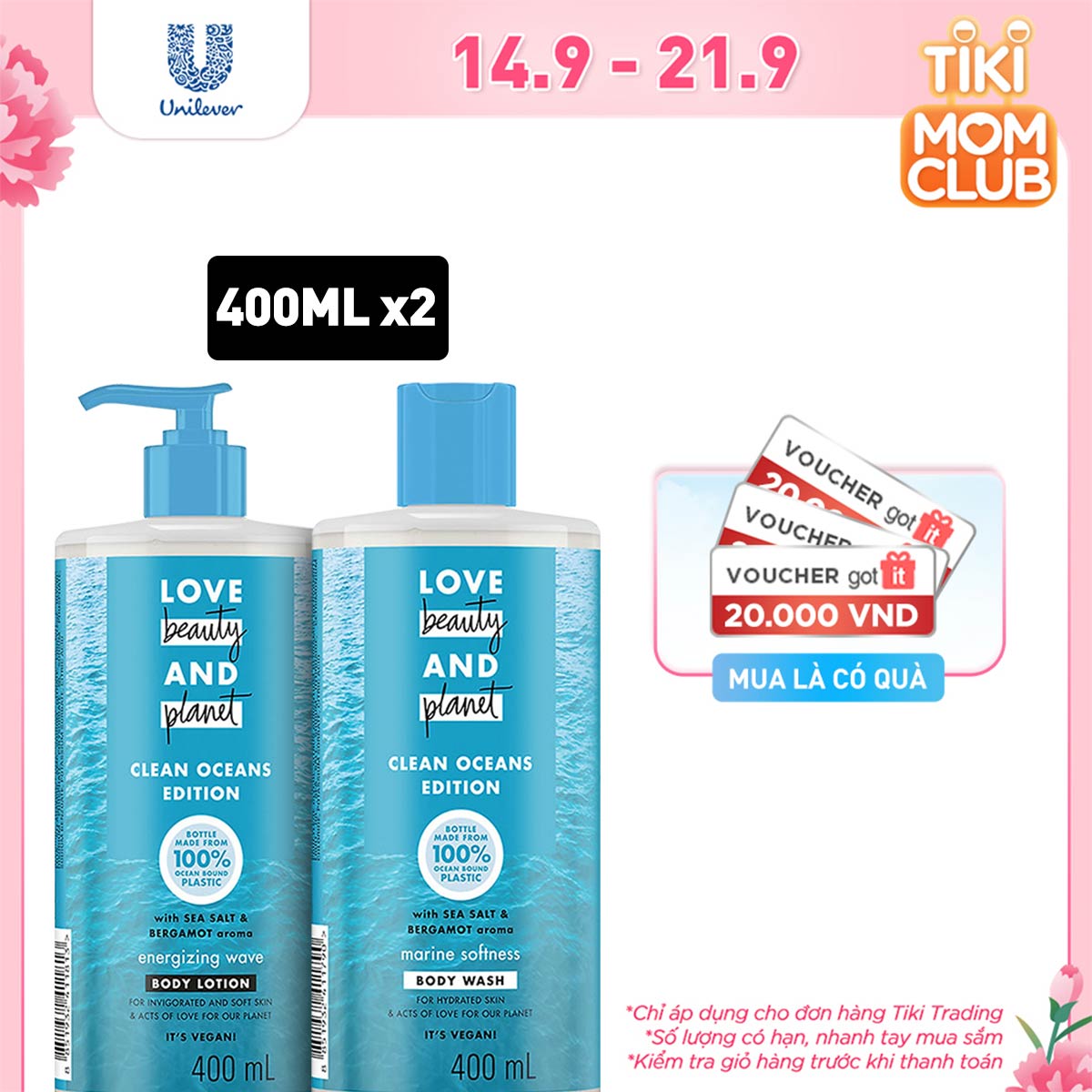 Combo sữa tắm và sữa dưỡng thể Love Beauty And Planet Oceans Edition chăm da mềm mịn Marine Softness 400ml