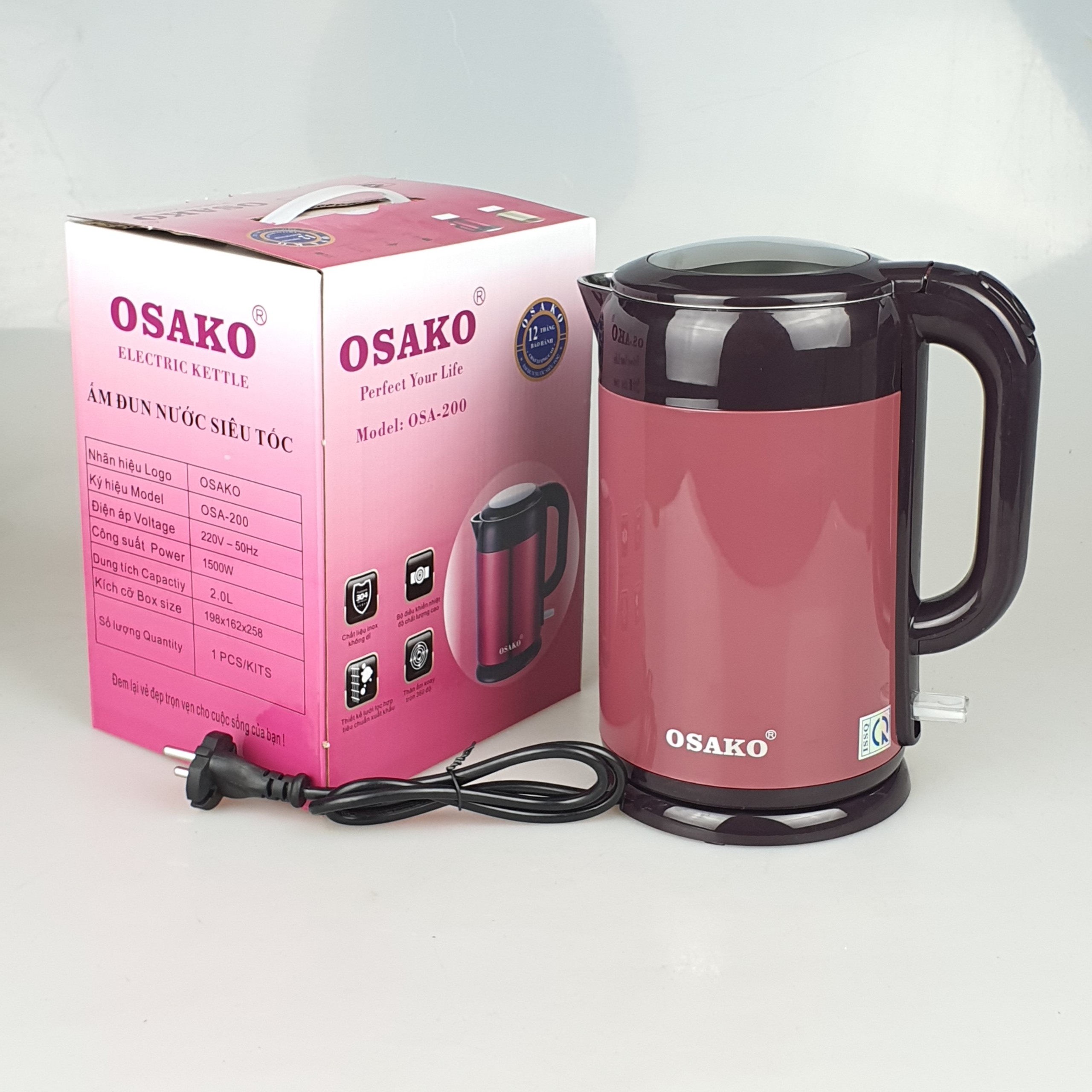 Ấm Siêu Tốc 2L Inox 304 Osako OSA-200 2 Lớp Công Suất 1500W Đun Sôi Cực Nhanh Tiết Kiệm Điện -Hàng Chính Hãng