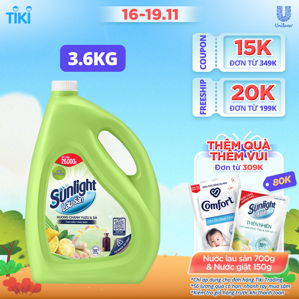 Nước Lau Sàn Sunlight Tinh Dầu Thảo Mộc Hương Hương Chanh Yuzu &amp; Sả 3.6 Kg - Sạch Thơm Thư Thái - Nhà Thêm Trong Lành