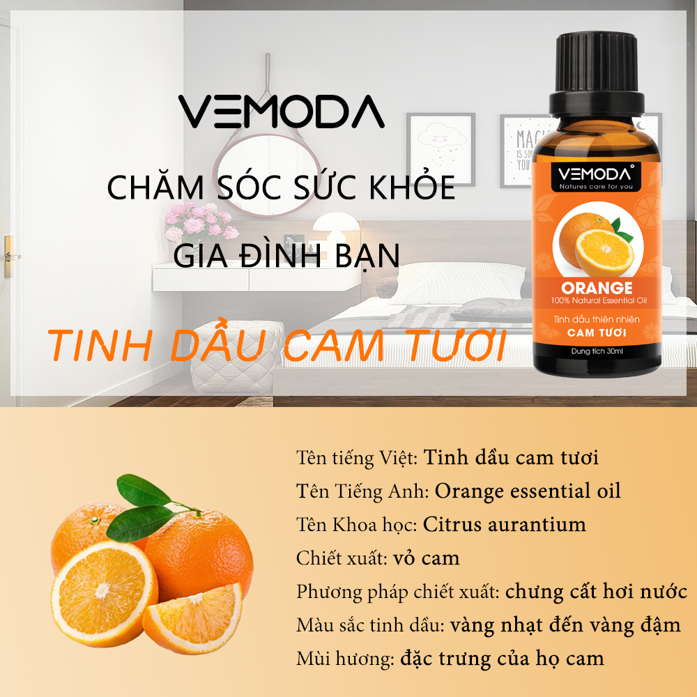 Tinh dầu Cam tươi cao cấp. Orange Essential Oil 50ml. Tinh dầu xông phòng giúp khử mùi, kháng khuẩn, thanh lọc không khí, xua đuổi côn trùng, giảm căng thẳng, cân bằng cảm xúc. Tinh dầu thơm phòng cao cấp Vemoda