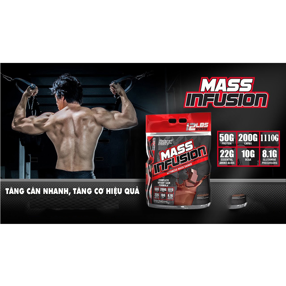 Combo Thực Phẩm Chức Năng Sữa tăng cân tăng cơ Mass Infusion của Nutrex hương Chocolate bịch Lớn 5.45kg hỗ trợ tăng cân, tăng cơ nhanh cho người gầy kén ăn, khó hấp thụ thức ăn  &amp; Bình lắc 600 ml (Màu Ngẫu Nhiên)