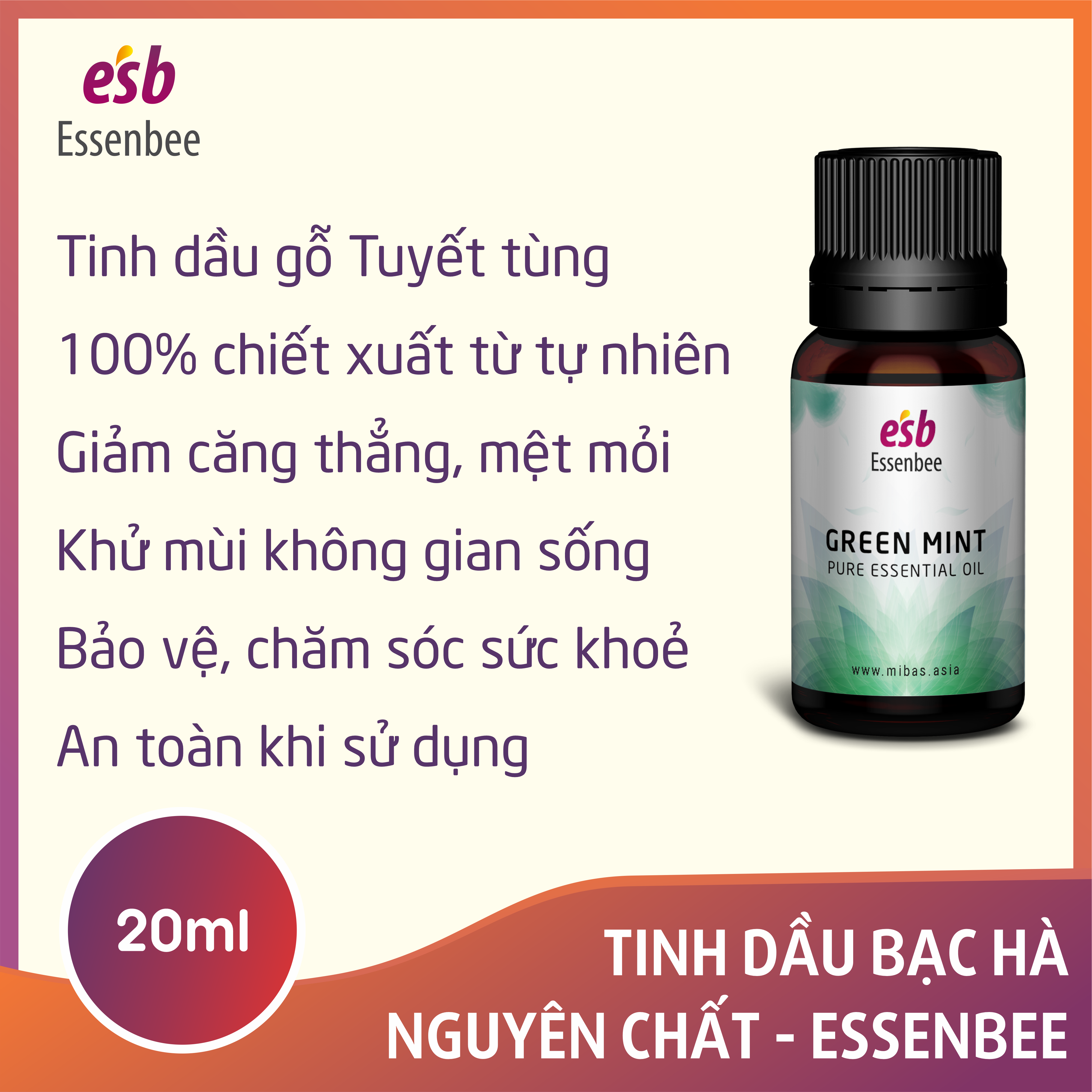 Tinh dầu thiên nhiên Bạc Hà Nhật Bản – Essenbee – 20ml - Hỗ trợ thư giãn tinh thần, giảm stress và đau đầu, chống say tàu xe, giúp giảm ho, nghẹt mũi, viêm xoang