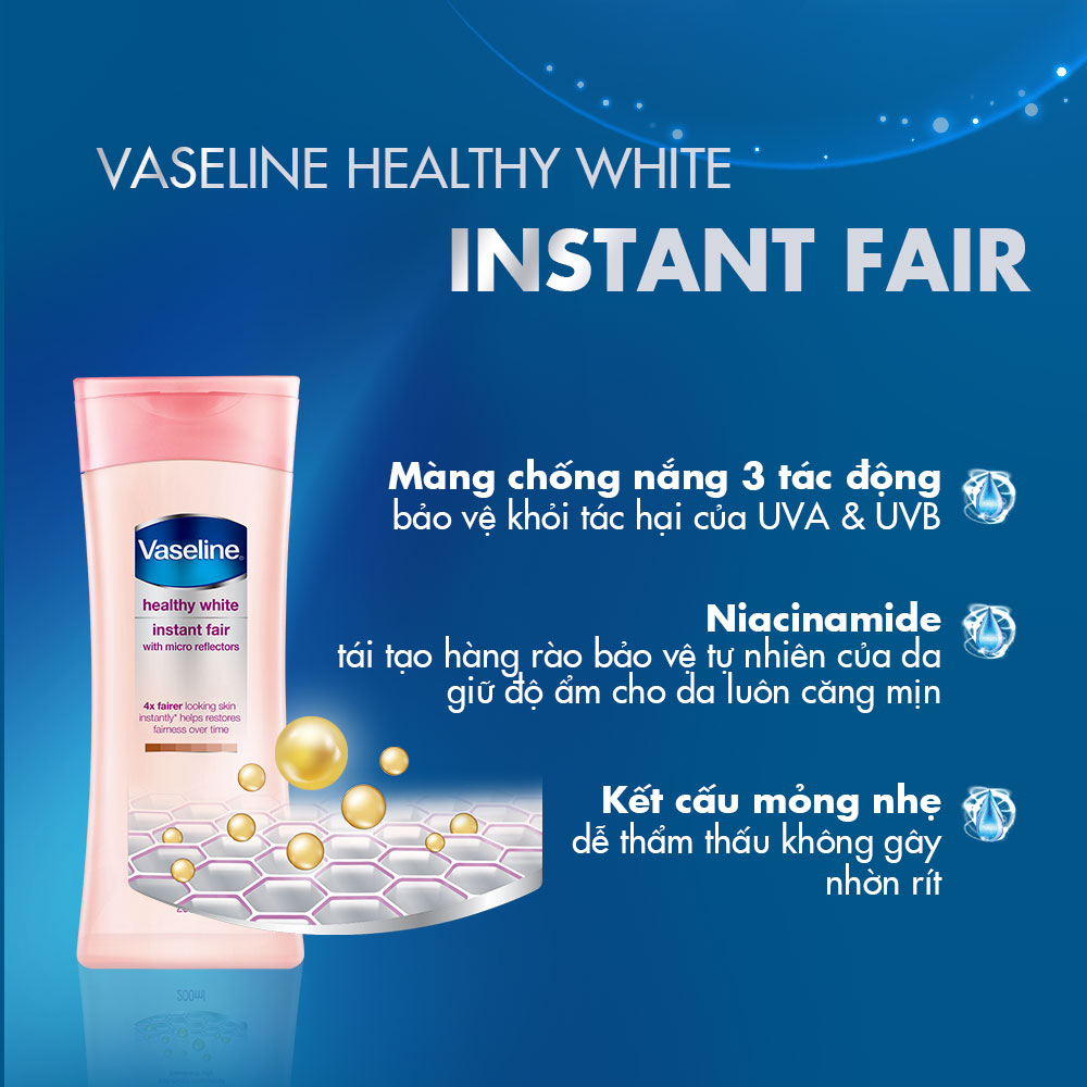 Sữa Dưỡng Thể Vaseline Instant Radiance Sáng Da Gấp 4 Lần Với Vi Chất Phản Quang Cho Da Sáng Khỏe Mịn Màng 200ml