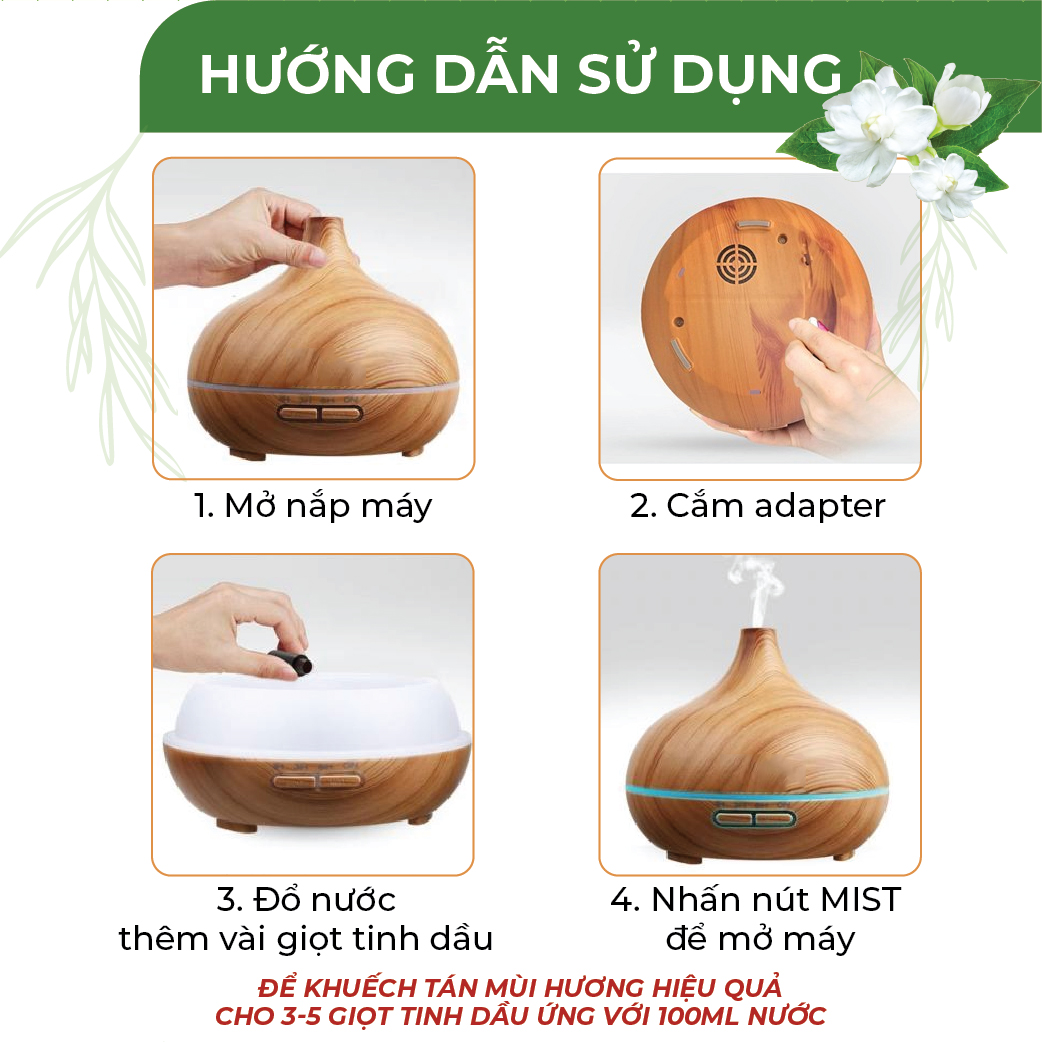 Máy khuếch tán Tinh Dầu 24Care Cổ Cao màu Vàng Ultrasonic 500ml, Tặng 3 Chai Tinh dầu Sả Chanh + Bạc Hà + Oải Hương 24Care 10ml | Xông Phòng | Kèm Remote Điều Khiển |Công nghệ siêu âm tiên tiến.