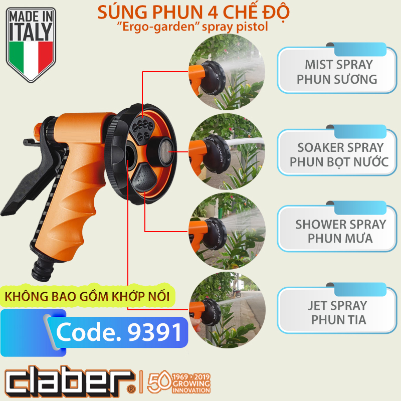 Vòi Tưới Cây Đa Năng 4 Chế Độ Claber Ergo Graden 9391, ngõ vào kết nối nhanh, có khóa cài chống mỏi tay